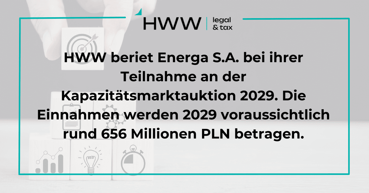 HWW beriet Energa S.A. bei ihrer Teilnahme an der Kapazitätsmarktauktion 2029. Die Einnahmen werden 2029 voraussichtlich rund 656 Millionen PLN betragen.