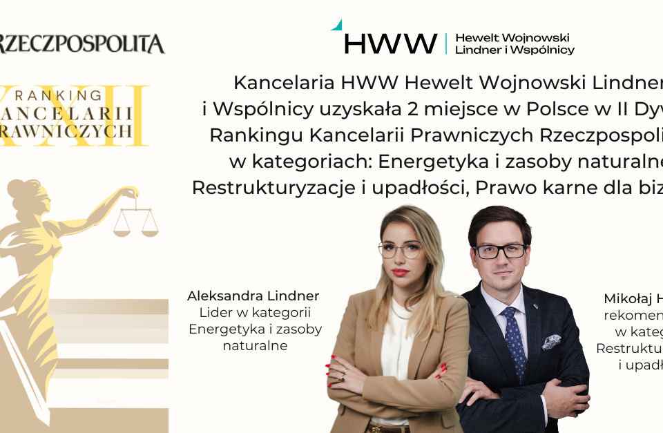 Kancelaria HWW Hewelt Wojnowski Lindner i Wspólnicy uzyskała 2 miejsce w Polsce w II Dywizji Rankingu Kancelarii Prawniczych Rzeczpospolitej w kategoriach: Energetyka i zasoby naturalne, Restrukturyzacje i upadłości, Prawo karne dla biznesu